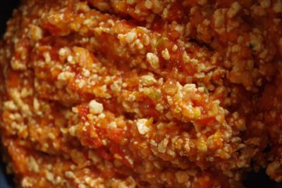 豆腐ミートパスタ ソフリット+豆腐にトマト追加